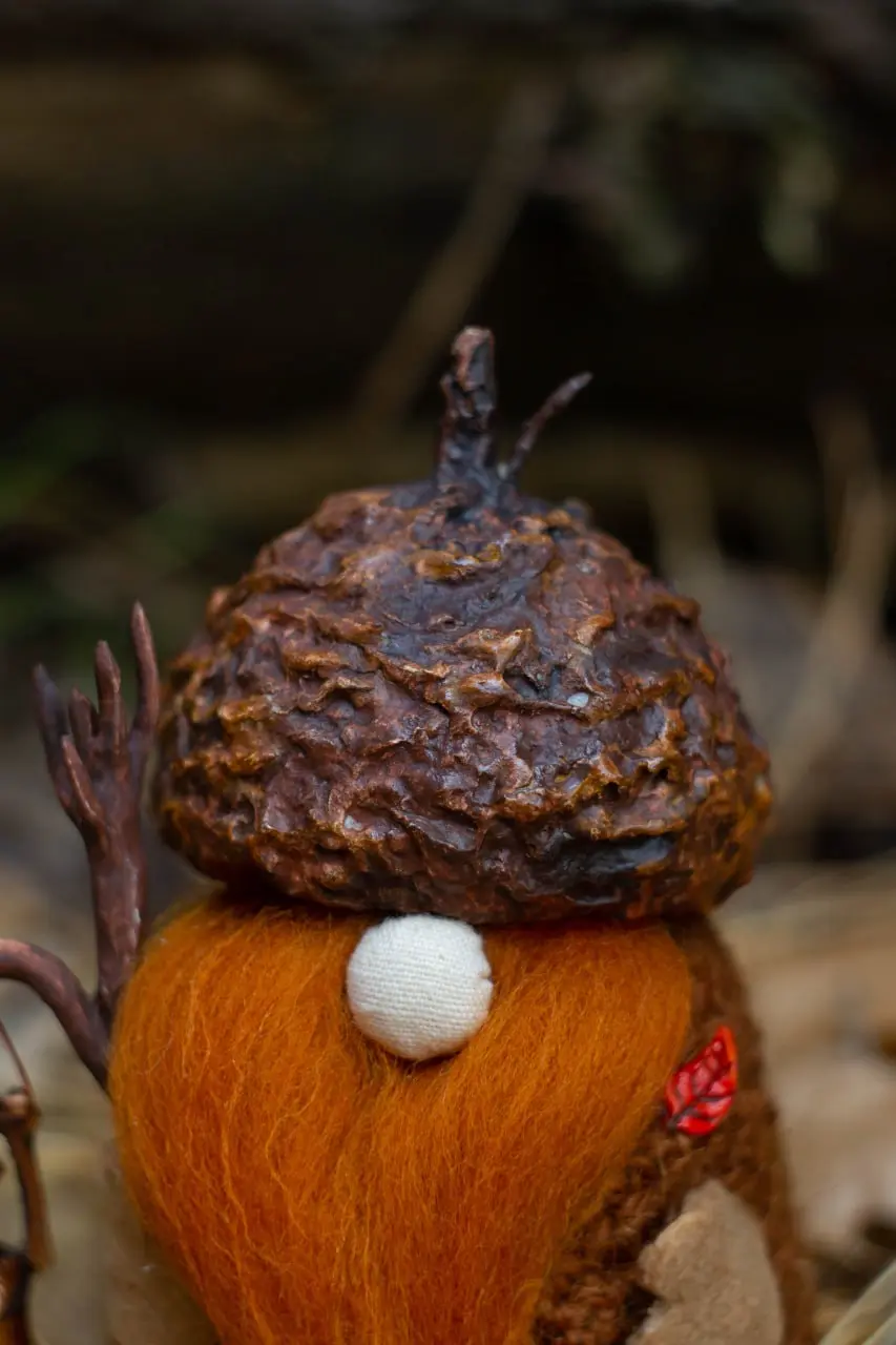Gnome Acorn Hat — acorn-shaped hat with red leaf brooch