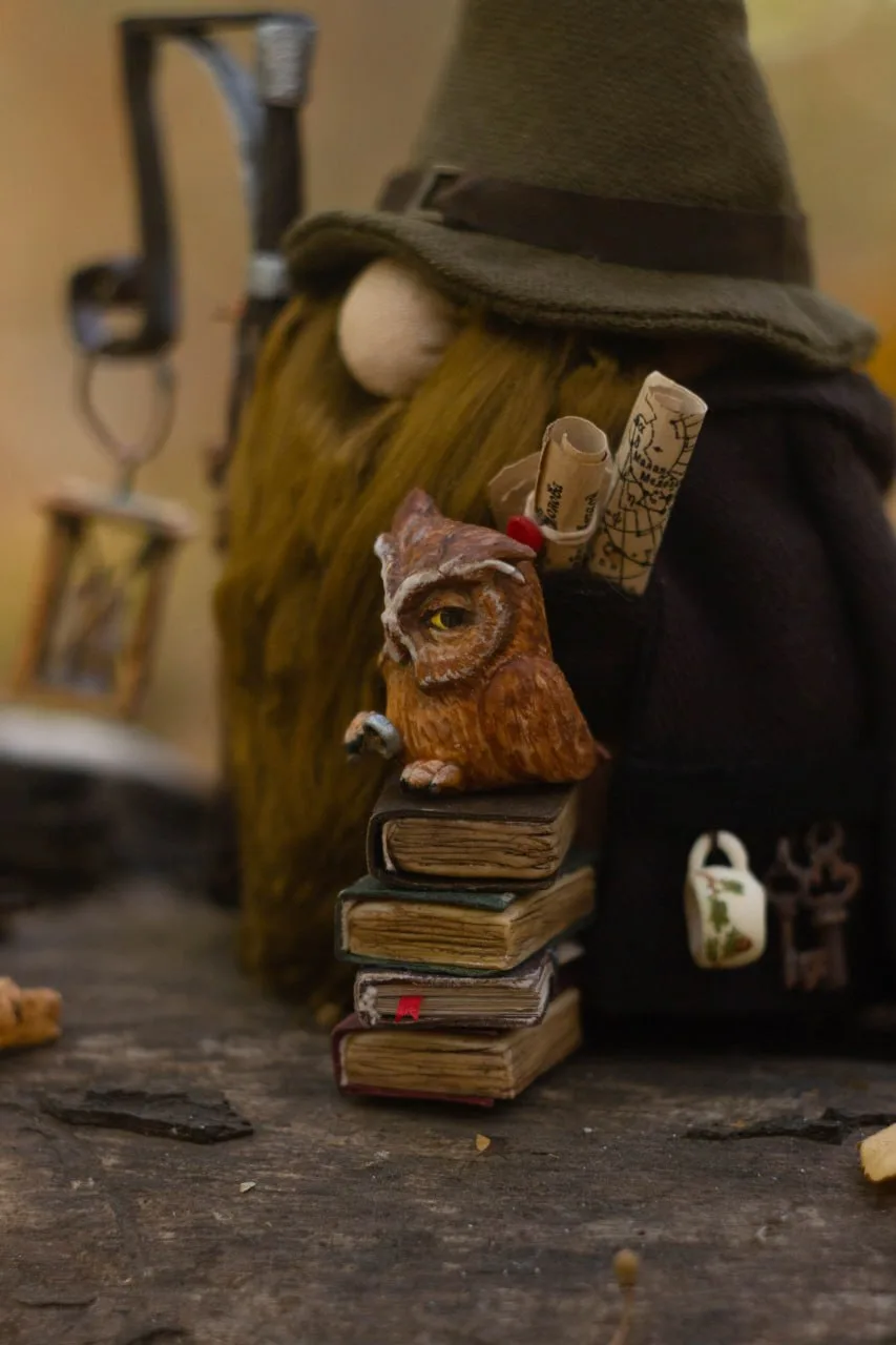 Handmade Archivist Gnome — with books, owl, lantern and sealed letters, on autumn log