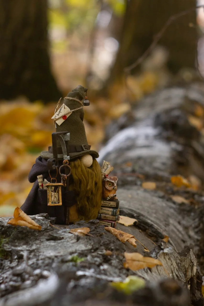 Gnome Archivist's miniature books — Secret History of the Forest, Ancient Runes — closeup