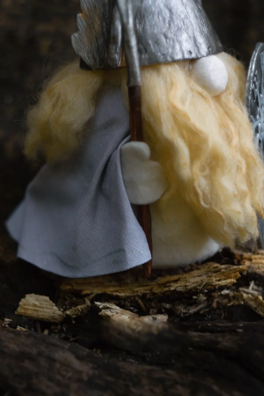 Gnome Einherjar's grey cloak and spear — handmade cotton cloak detail
