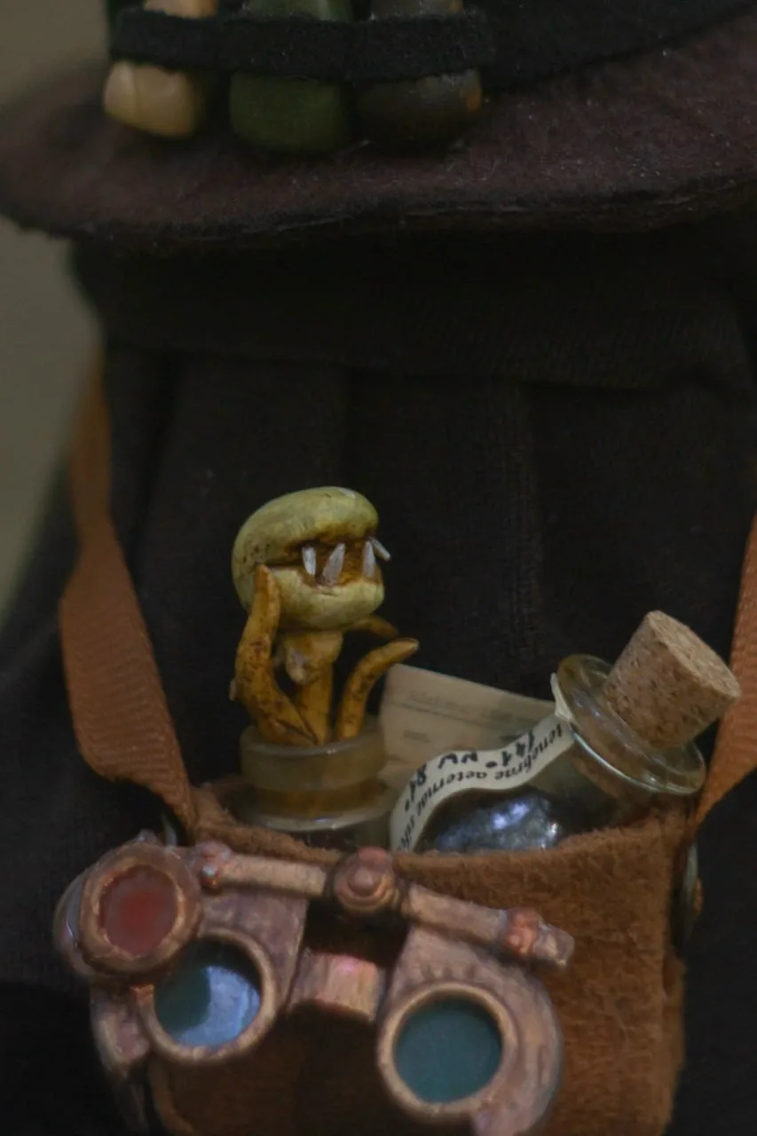 Hedgehog Fyf with carnivorous plant and vial of darkness in gnome's bag — closeup