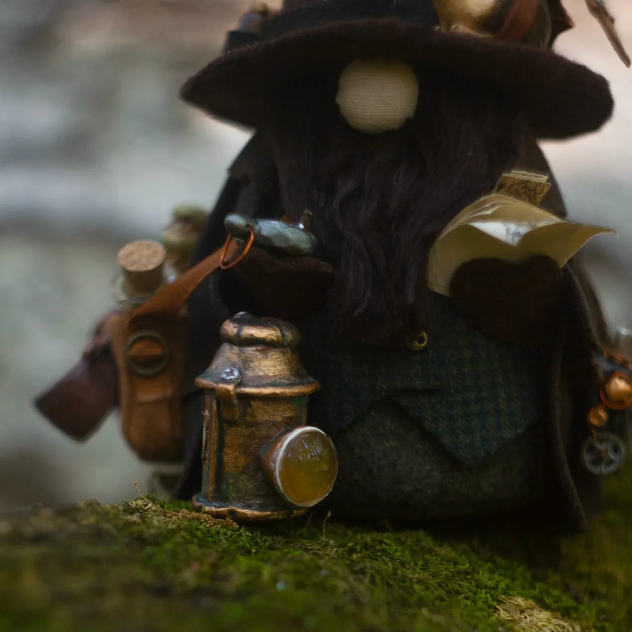 Gnome Explorer's copper lantern and anomaly-detector compass — closeup