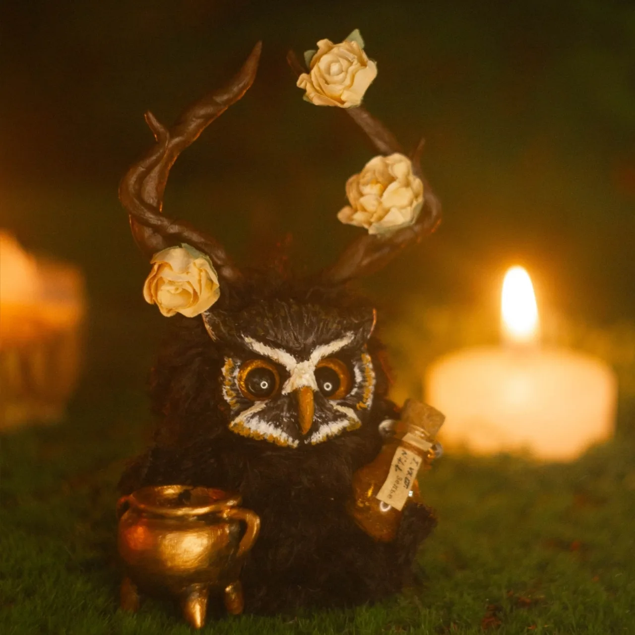 Alchemy Mystery — handmade wool Fluffy with blooming rose antlers and magical potion bottles, a keeper of spring secrets | Gnomenlands