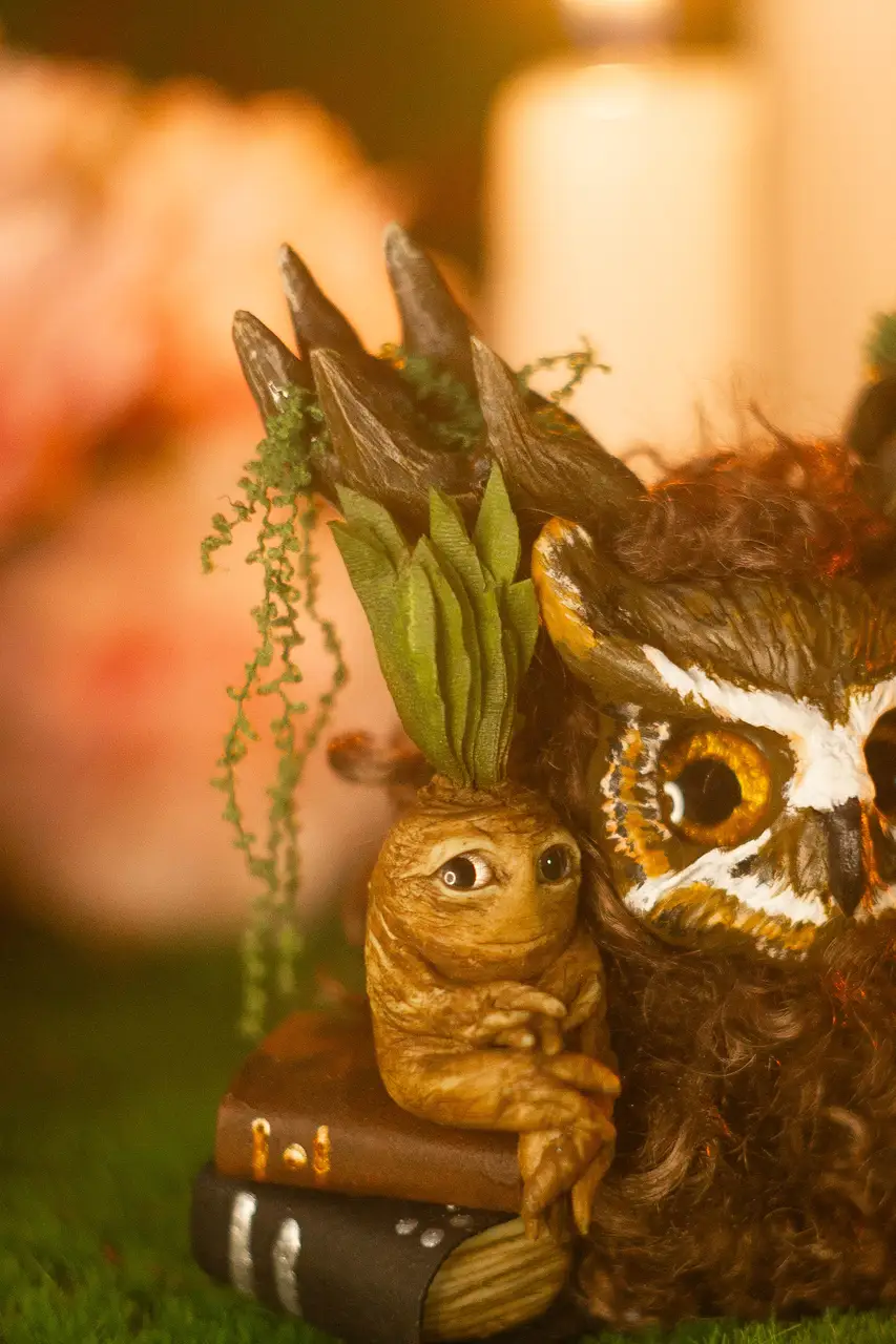 Blooming Forest fluffy — with old books on antlers and rain-scented mandrake companion