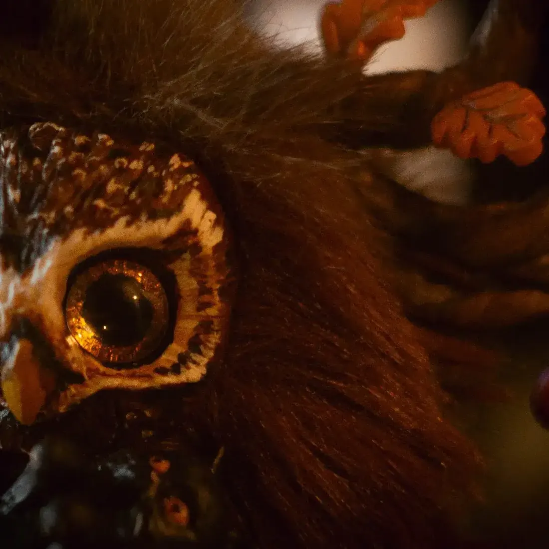 Dear Friend fluffy — macro close-up of golden eye with autumn leaf antlers in background