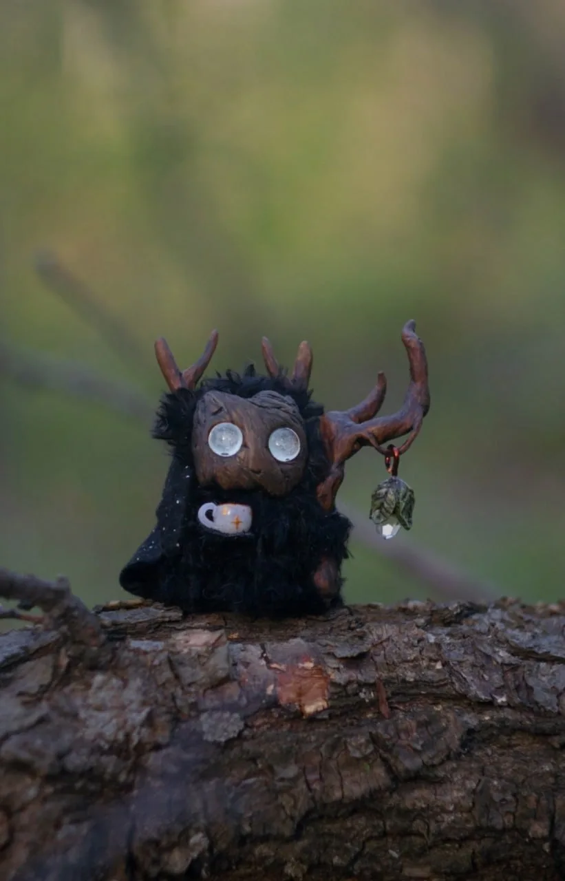 Evening Gazer — handmade black wool Fluffy with pale glass eyes, starlit cloak and crystal lantern on staff, in a spring garden | Gnomenlands Wild Garden collection