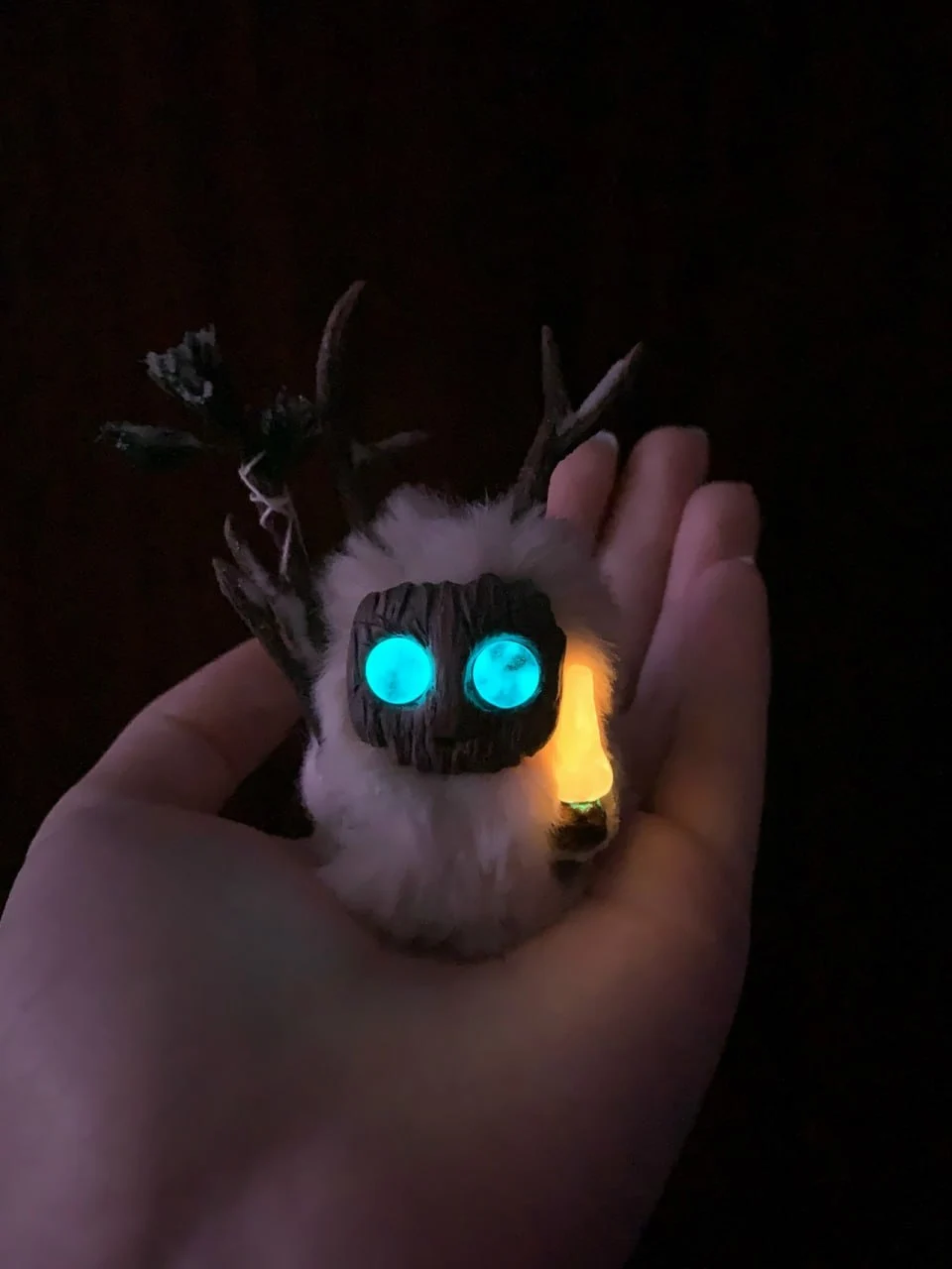 First Snow fluffy — turquoise eyes glowing in darkness, size reference in hand