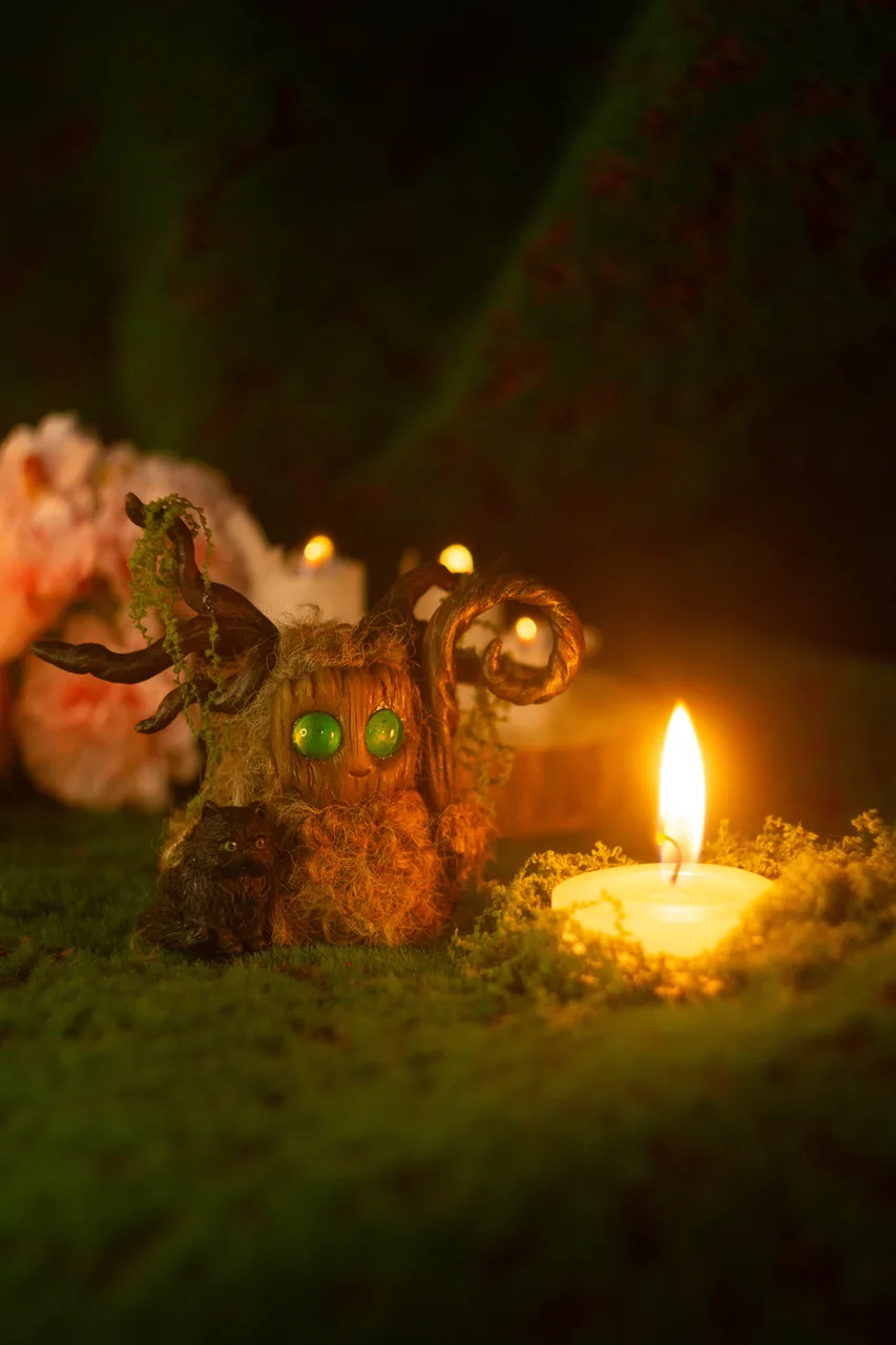 Forest Shaman fluffy — atmospheric forest crossroads scene with glowing eyes in the dark