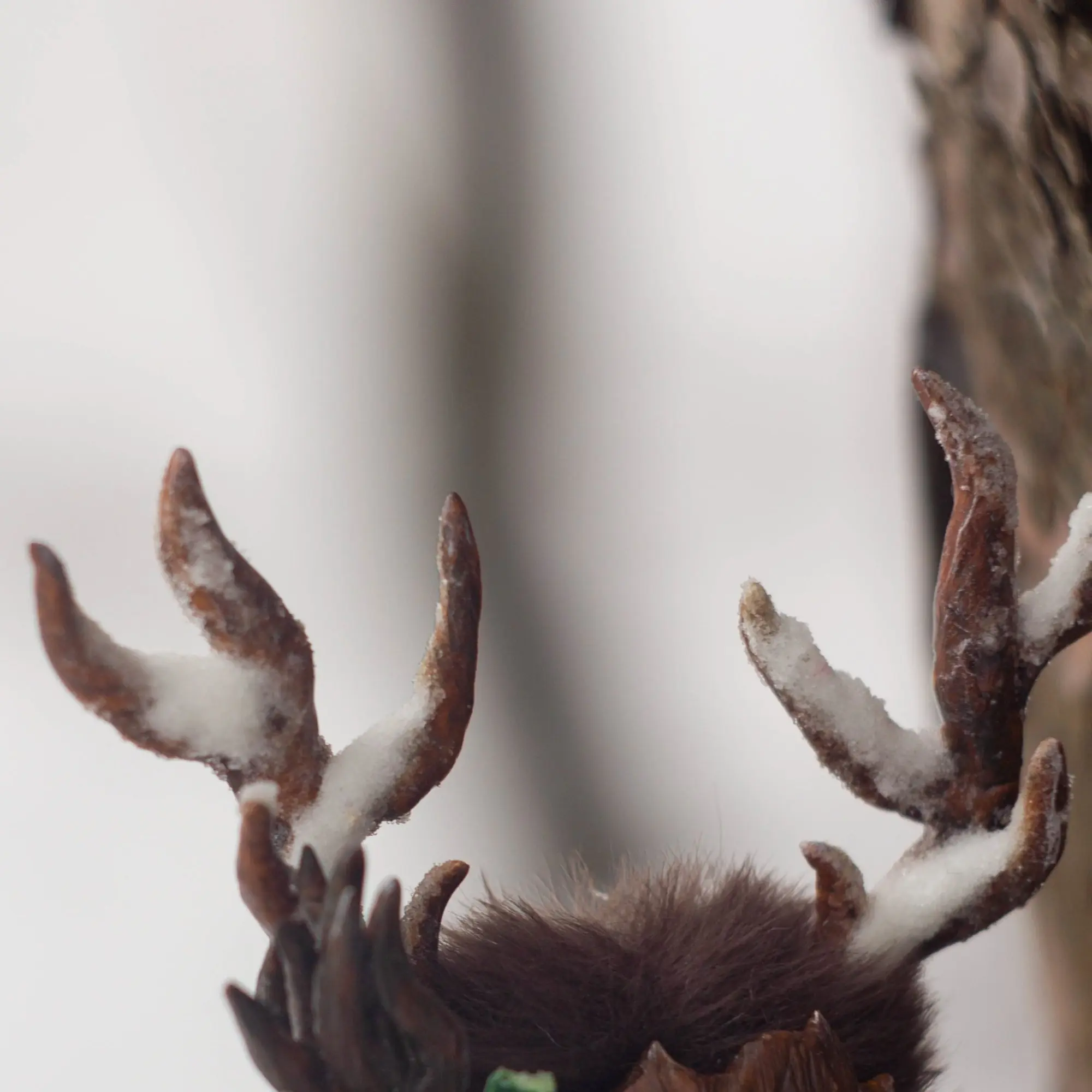Holly Spirit fluffy — extreme close-up of snow-layered antlers showing intricate texture and frost detail