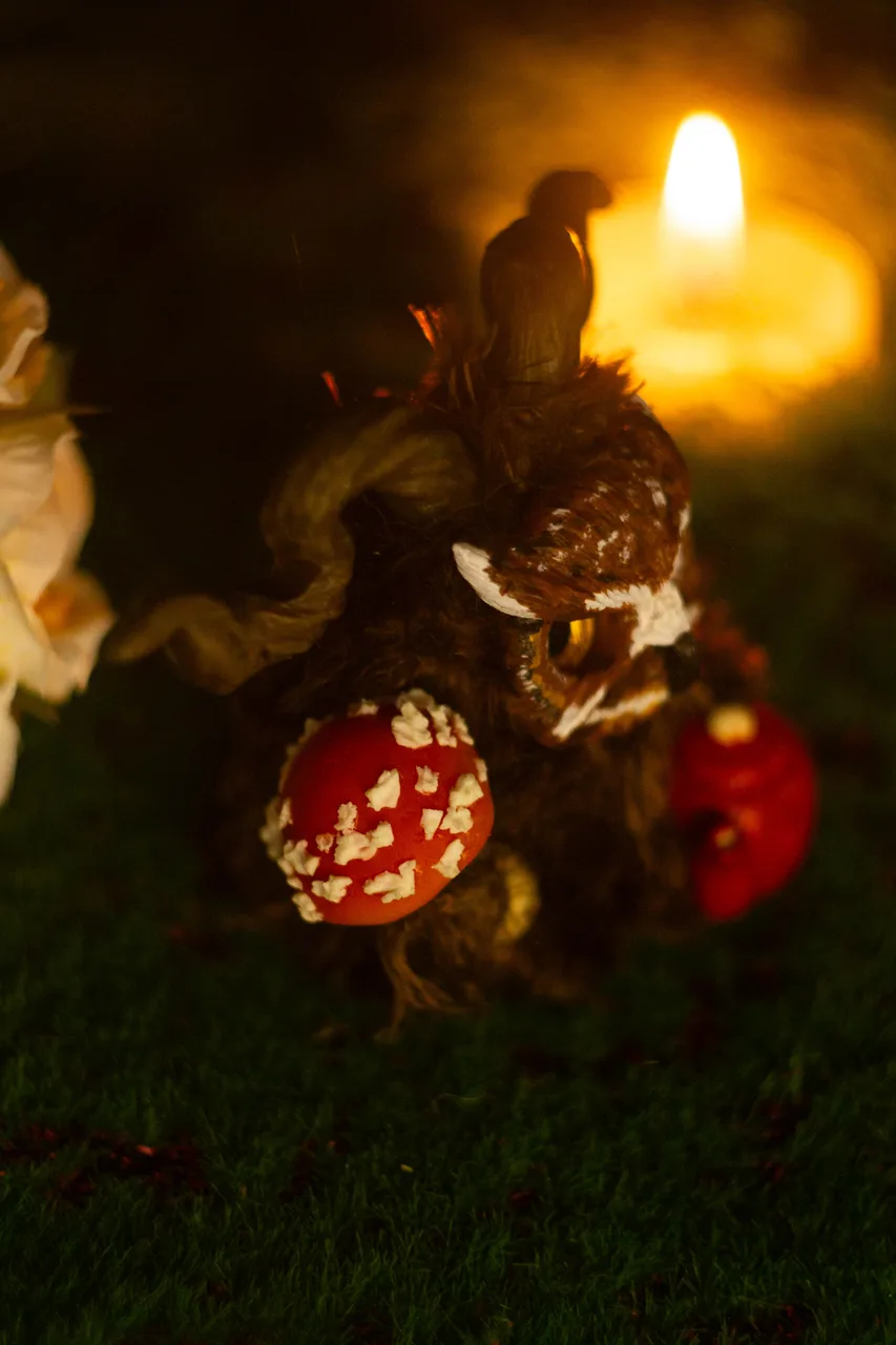 Mushroom Guardian fluffy — close-up of miniature red teapot brewing forest mushroom potion