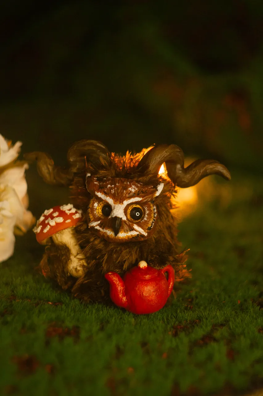 Mushroom Guardian fluffy — atmospheric mushroom glade scene with ginger fur and white-spotted caps