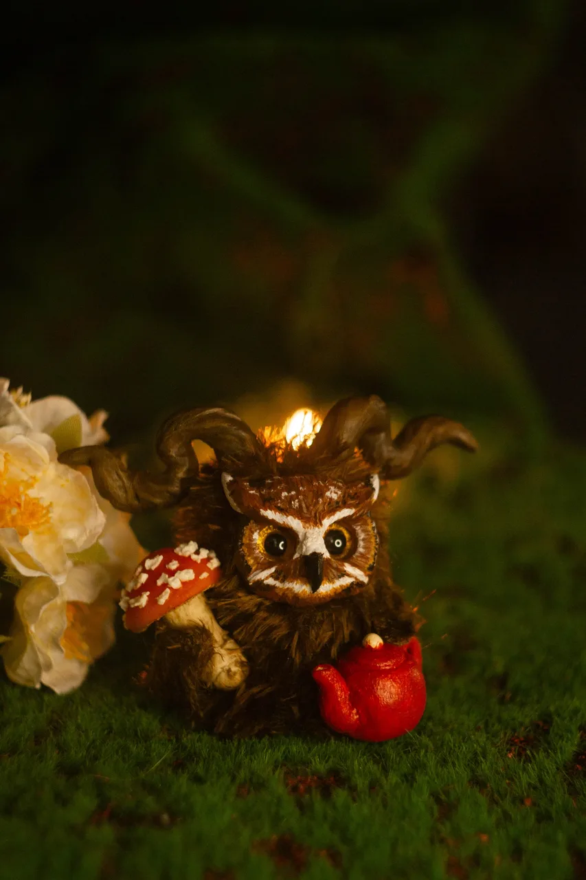 Keeper of the Mushroom Glade — handmade ginger wool Fluffy with curling antlers, red teapot and fly agaric companions in a forest glade | Gnomenlands