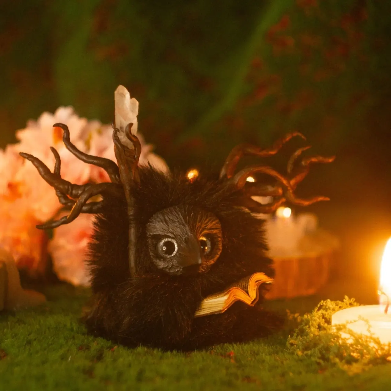 Omniscient Raven Fluffy — handmade black wool spirit with star-shard staff and a never-closing book, born the night the last star fell