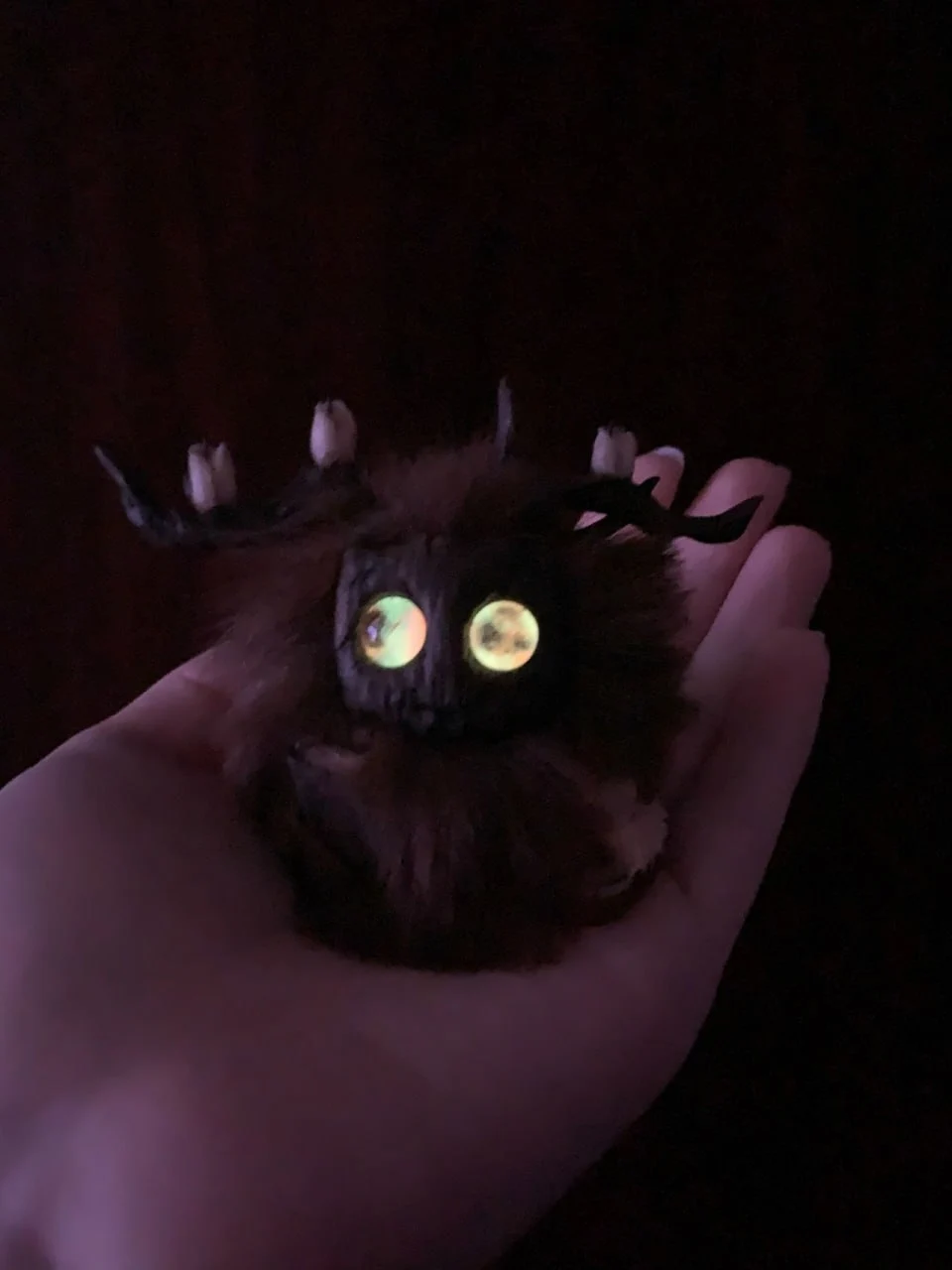Page Rustle fluffy — golden eyes glowing in darkness, size reference in hand