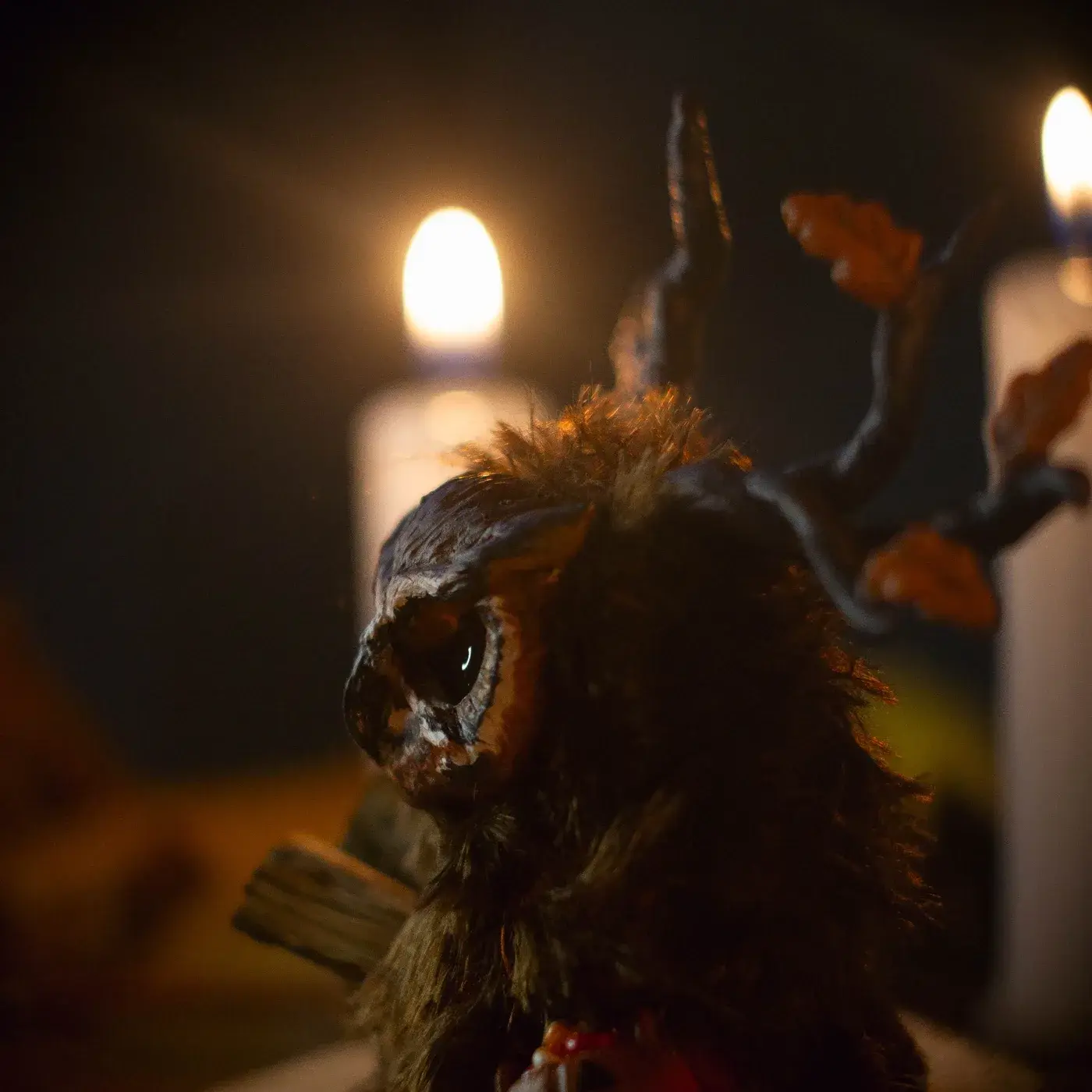 Rustle of Leaf Fall fluffy — side view with candles, autumn leaf antlers and open book