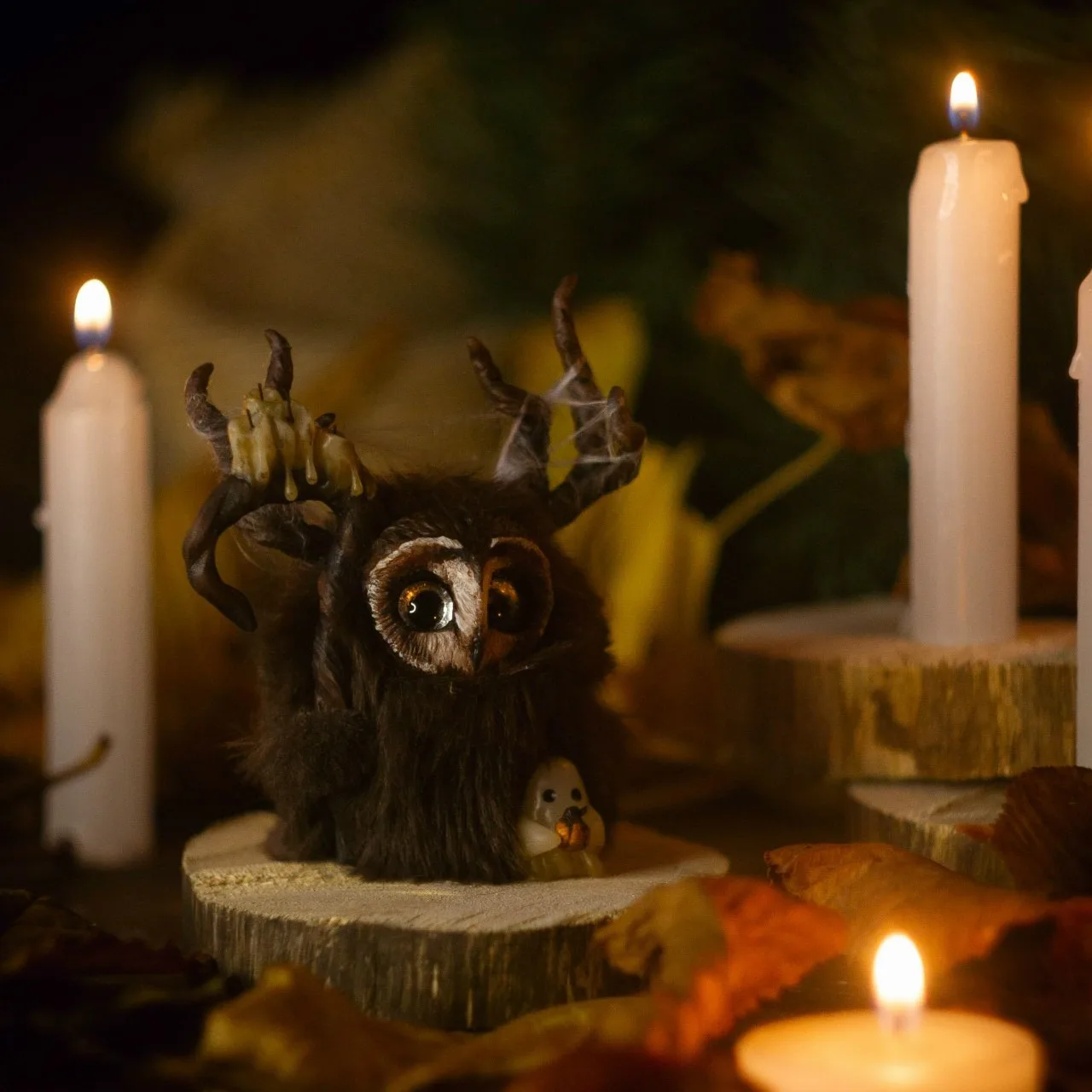 Smoke of Bonfire fluffy — atmospheric front view with ghost companion, candles and autumn leaves