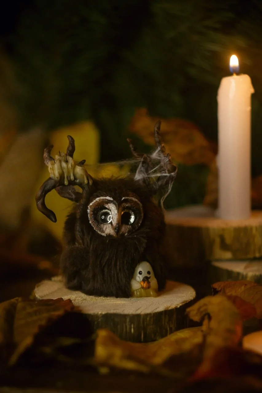 Smoke of Bonfire — handmade dark brown wool Fluffy owl-creature with antlers, spider web, ghost companion and candle staff, by candlelight | Gnomenlands