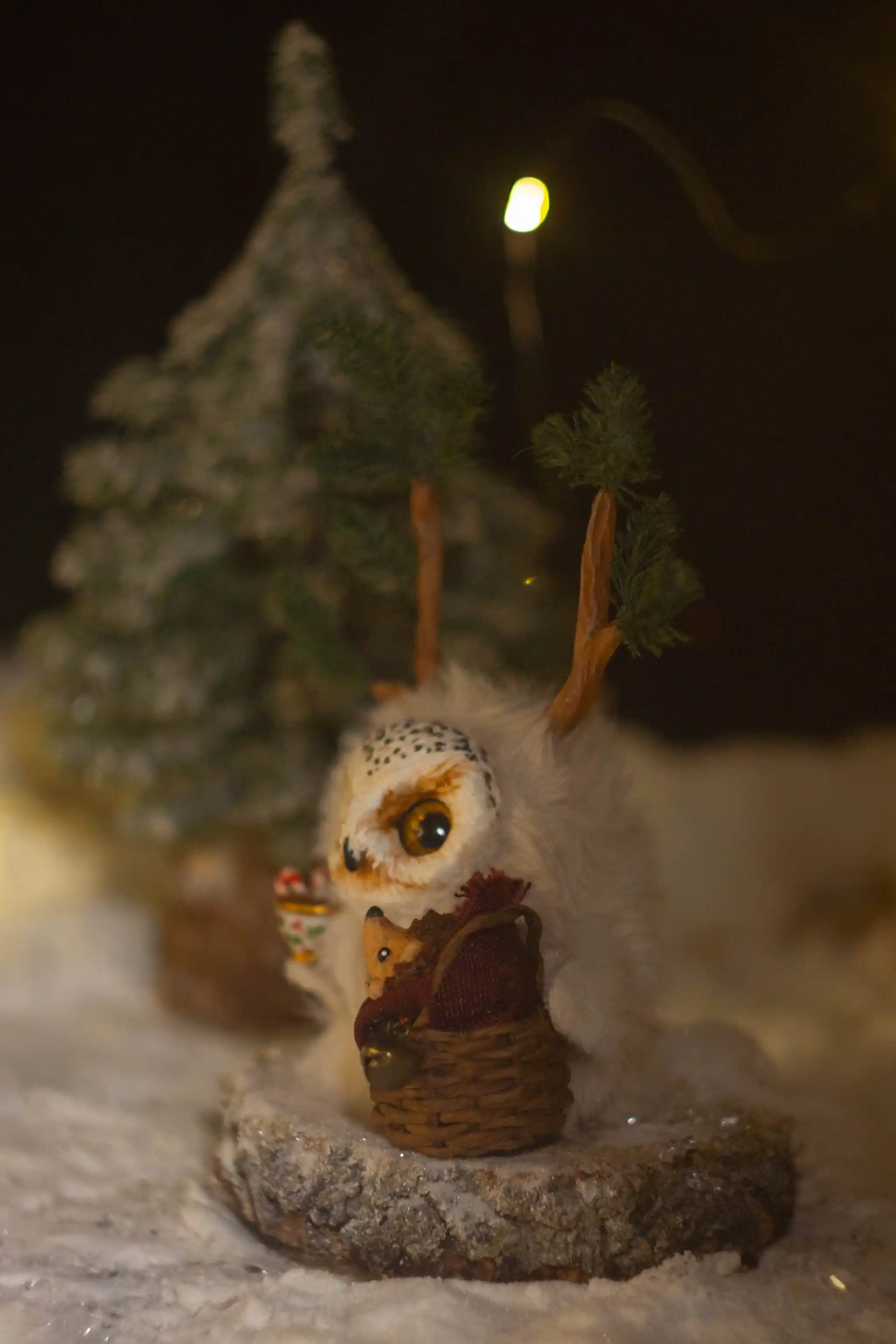 Forest Wonder fluffy -- close-up of the hedgehog nestled in the wicker basket