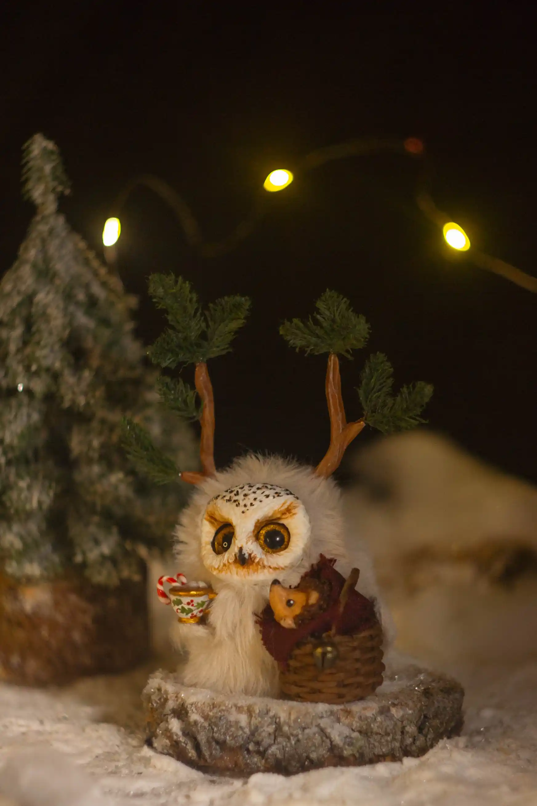 Forest Wonder fluffy -- full view with cocoa mug and marshmallows