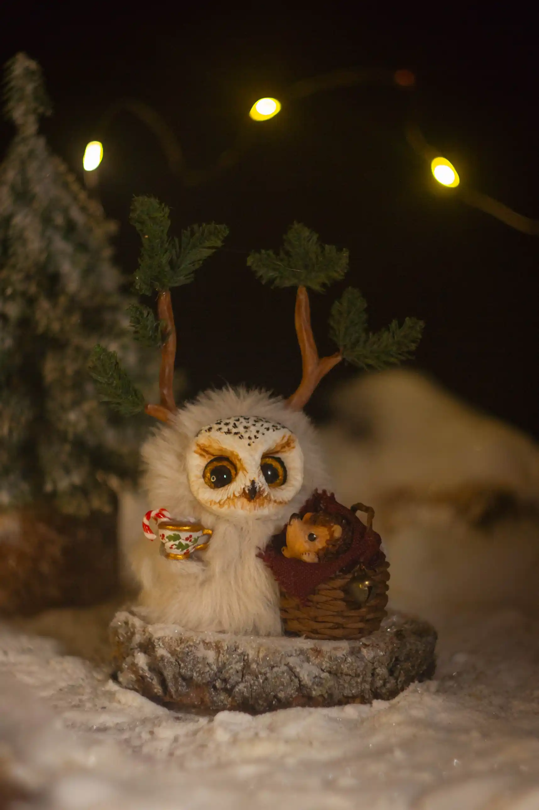 Forest Wonder -- handmade white Fluffy carrying a wicker basket with a large hedgehog inside, holding a mug of hot cocoa with marshmallows | Gnomenlands, Winter Glow collection