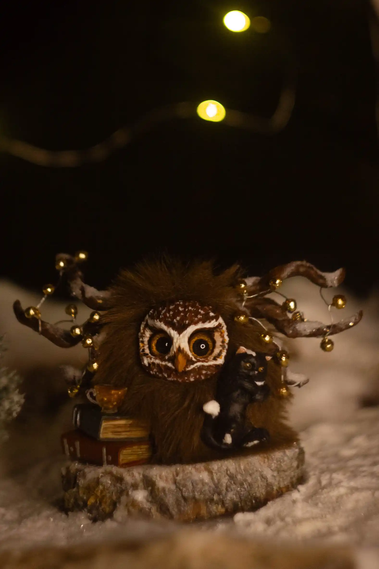 Shimmer of Lights -- handmade small owl Fluffy with a book and a favourite drink, a playful cat beside him | Gnomenlands, Winter Glow collection