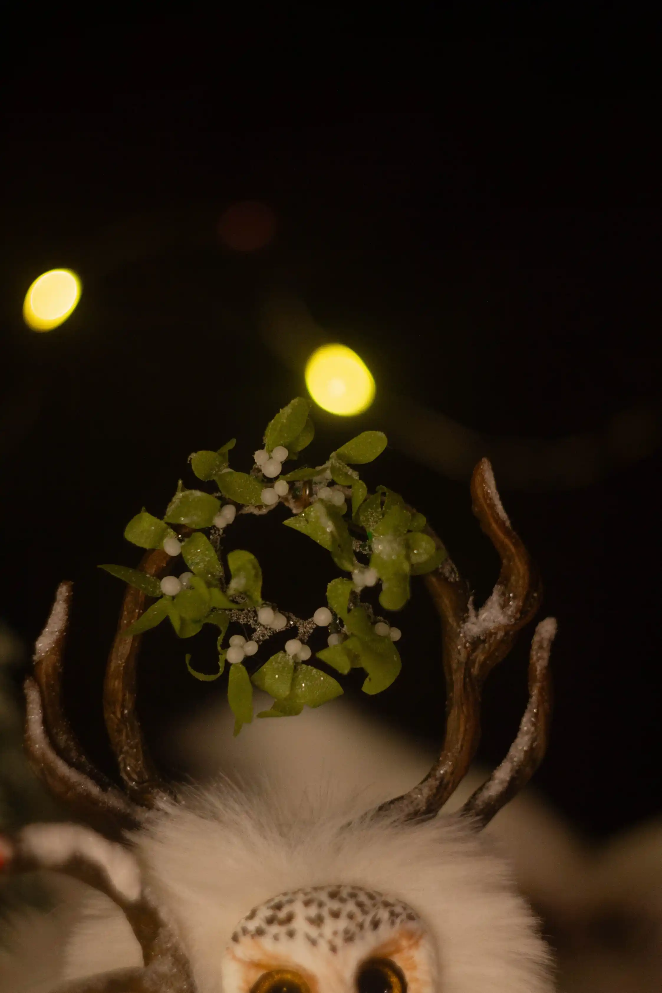 Sparkling Snow fluffy -- full view with gingerbread house beside him