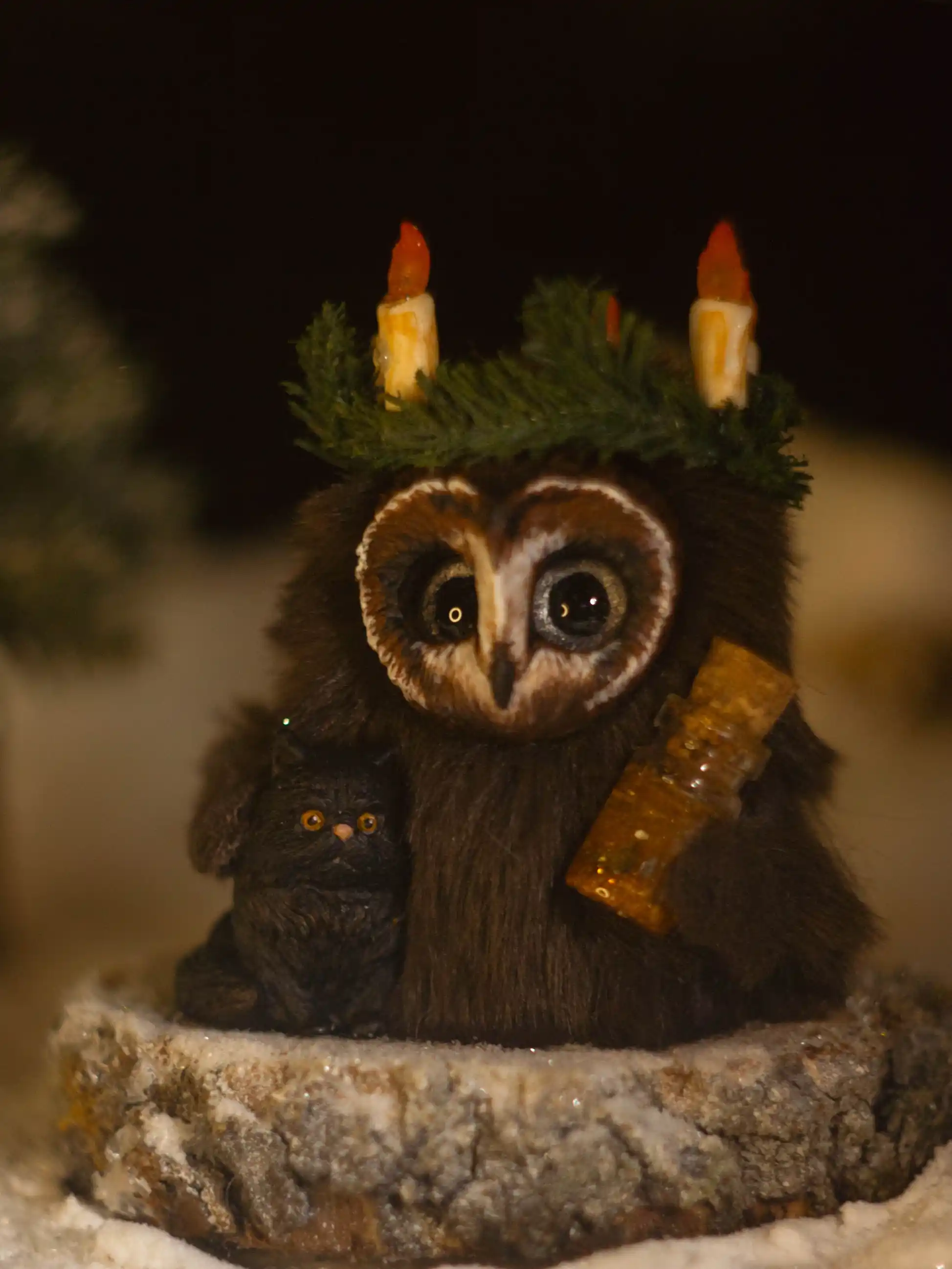 The Solemnity fluffy -- full view with black cat helper