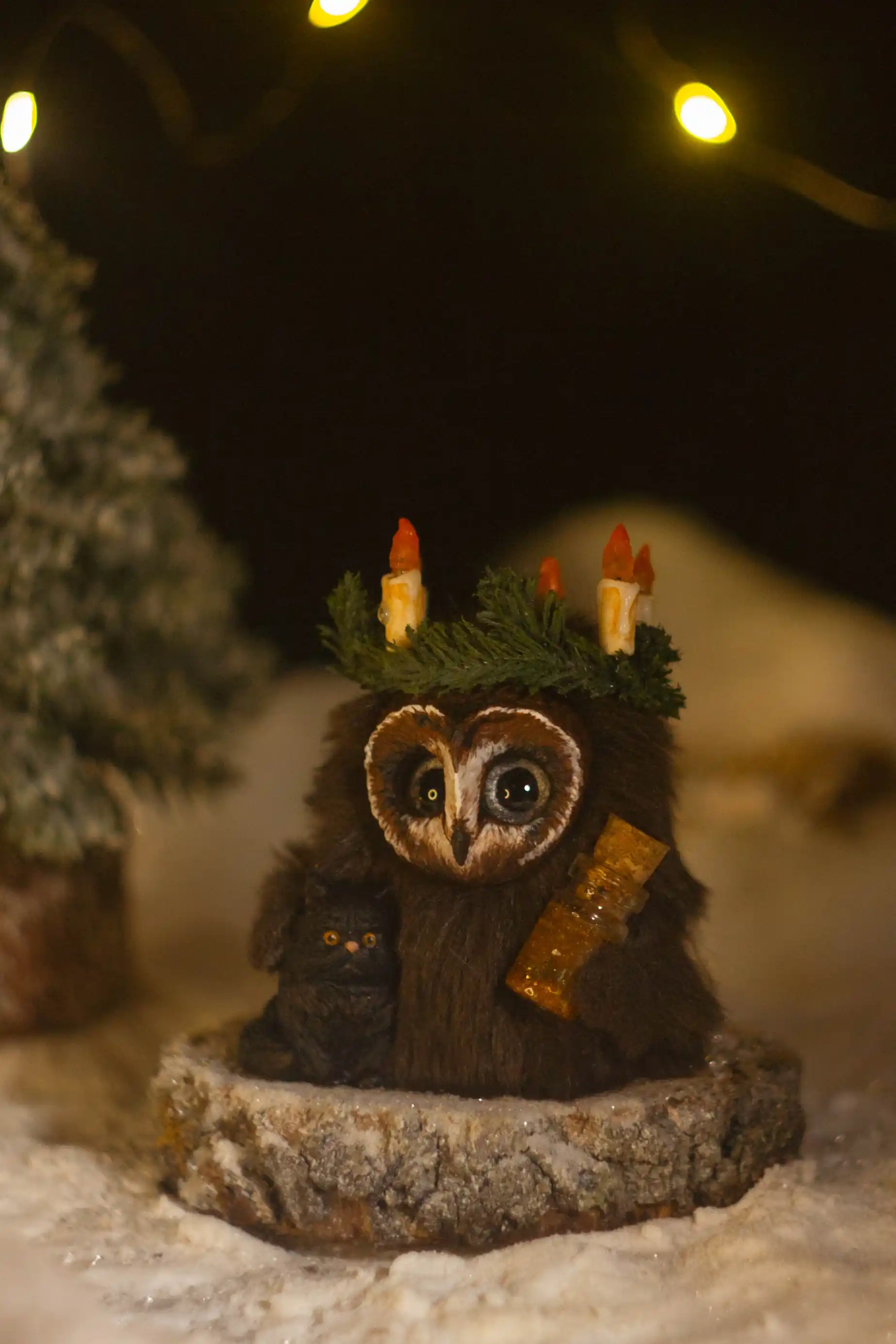 The Solemnity -- handmade Fluffy wearing an evergreen fir wreath with burning candles, a black cat companion nearby | Gnomenlands, Winter Glow collection