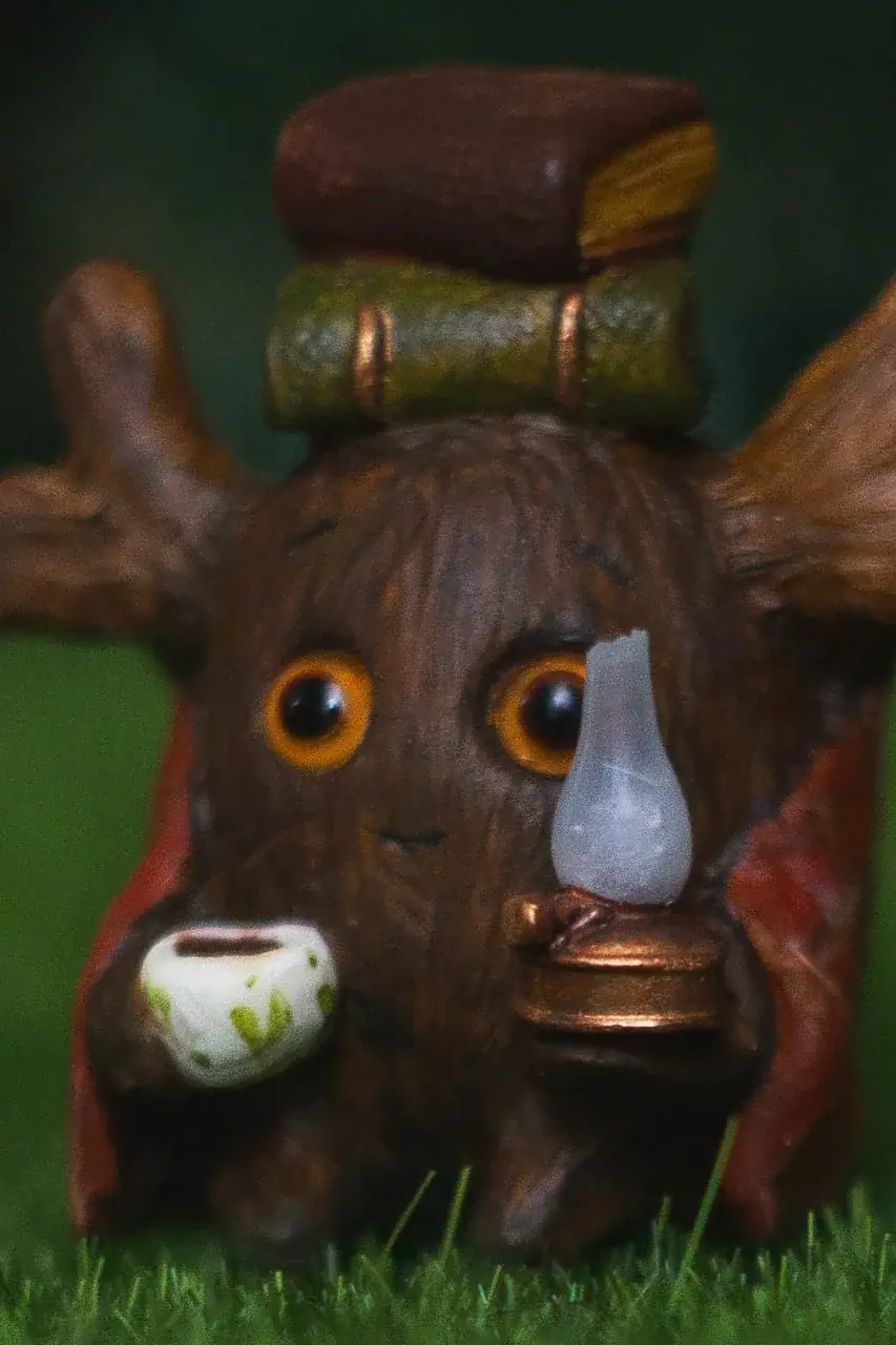 Forest Sprite Bookworm sitting on antique hardcover book — handmade polymer clay figurine