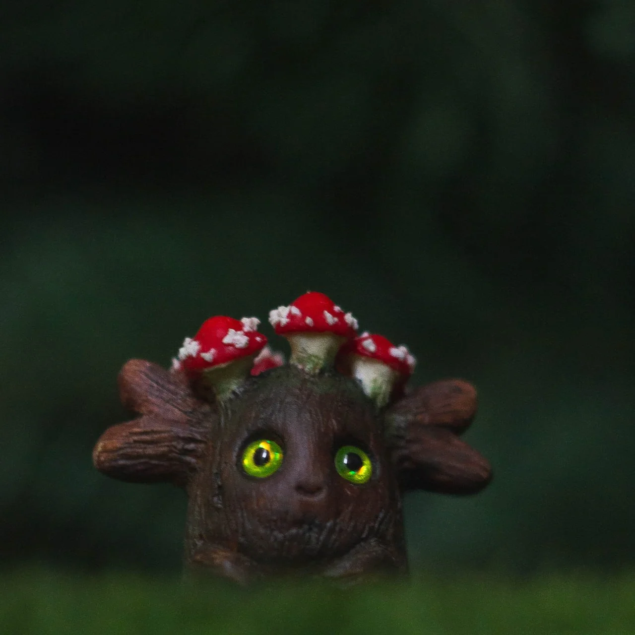 Forest Sprite Keeper of Secrets — extreme closeup, fly agaric mushroom details and glowing green eyes