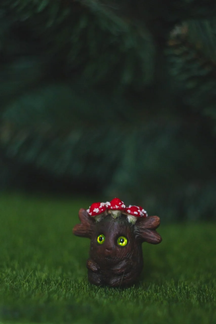 Forest Sprite Keeper of Secrets — front view, three fly agaric mushrooms on head