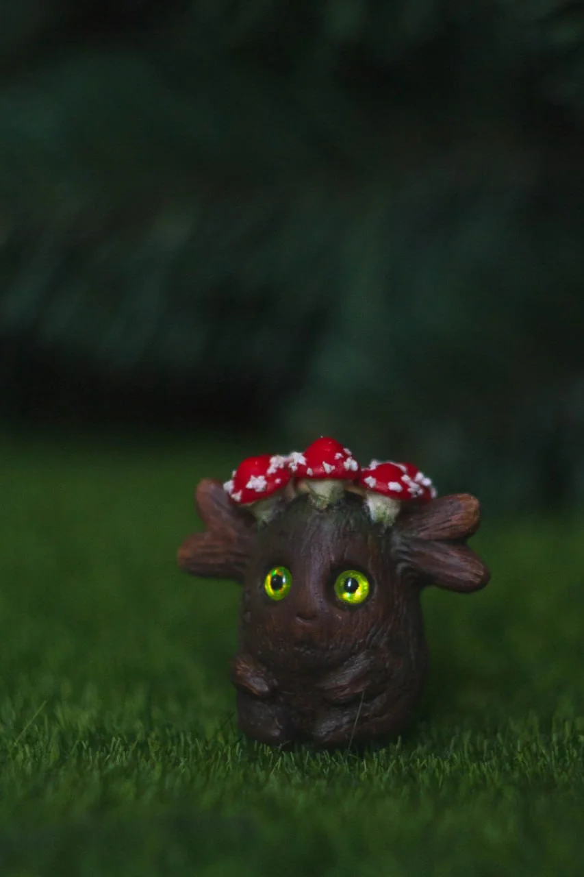 Forest Sprite Keeper of Secrets — handmade polymer clay figurine, fly agaric crown and glowing green eyes | Gnomenlands