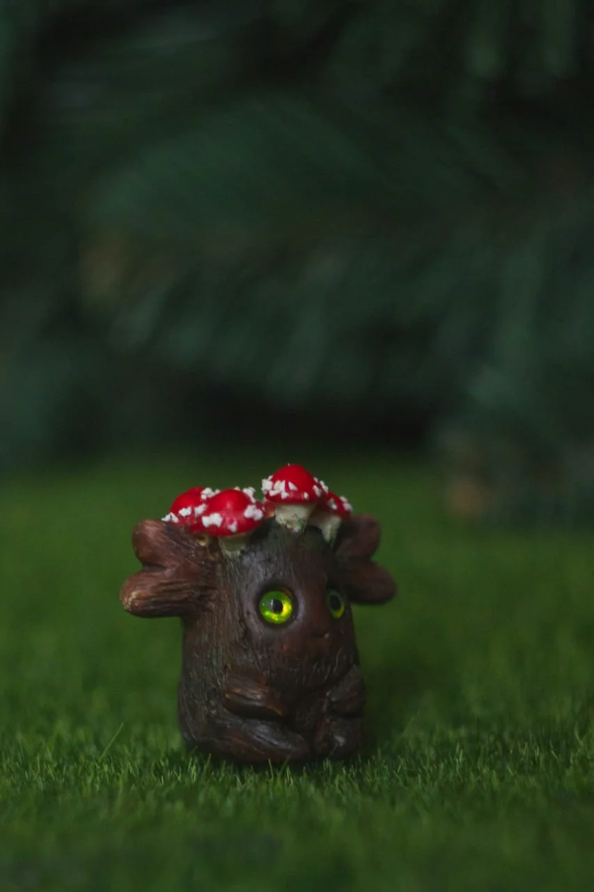 Forest Sprite Keeper of Secrets — side view, fly agaric crown and bark-textured body