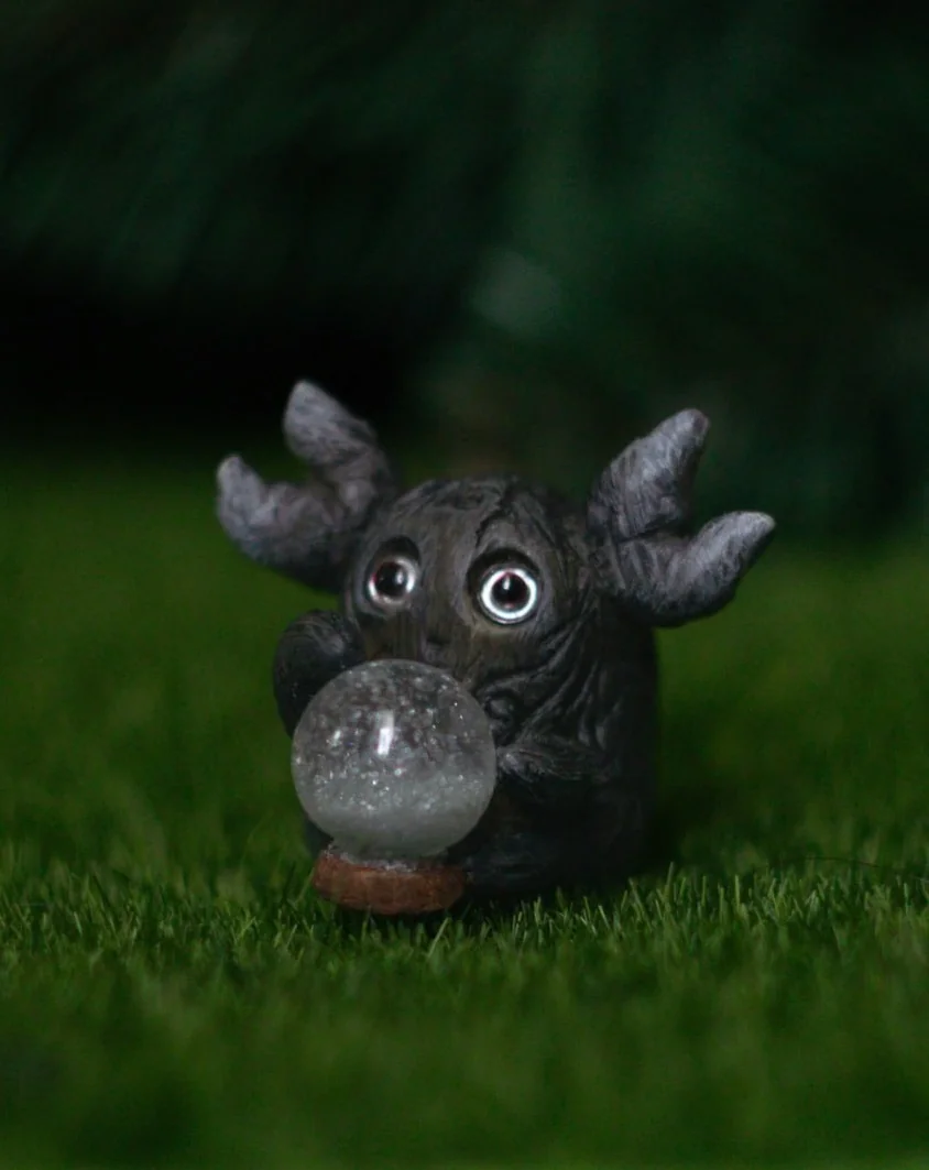 Forest Sprite Oracle — handmade polymer clay figurine holding a real glass snow globe | Gnomenlands