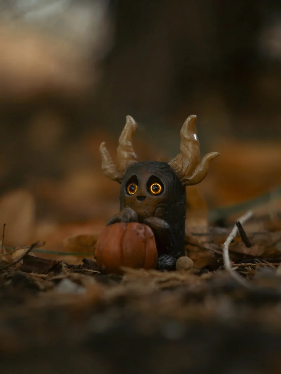 Forest Sprite Pumpkin Keeper — closeup of face, golden amber eyes and branching horn detail