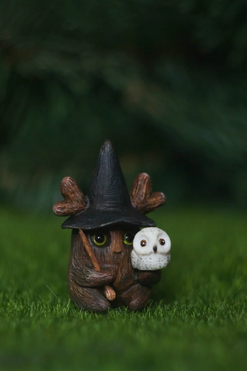 Forest Sprite Wizard — handmade polymer clay figurine, witch hat and snowy owl | Gnomenlands