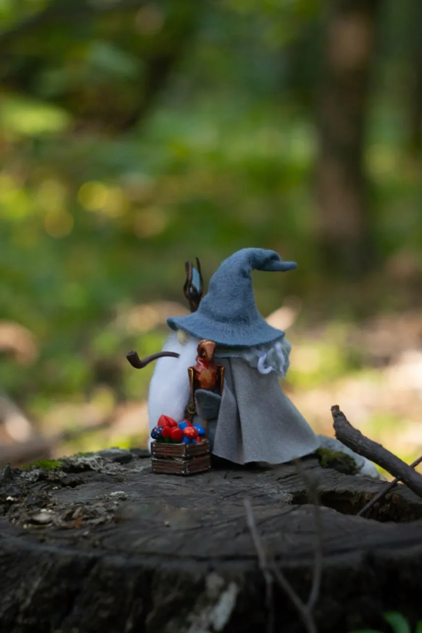 Sorcerer gnome with fireworks box and dragon — side view