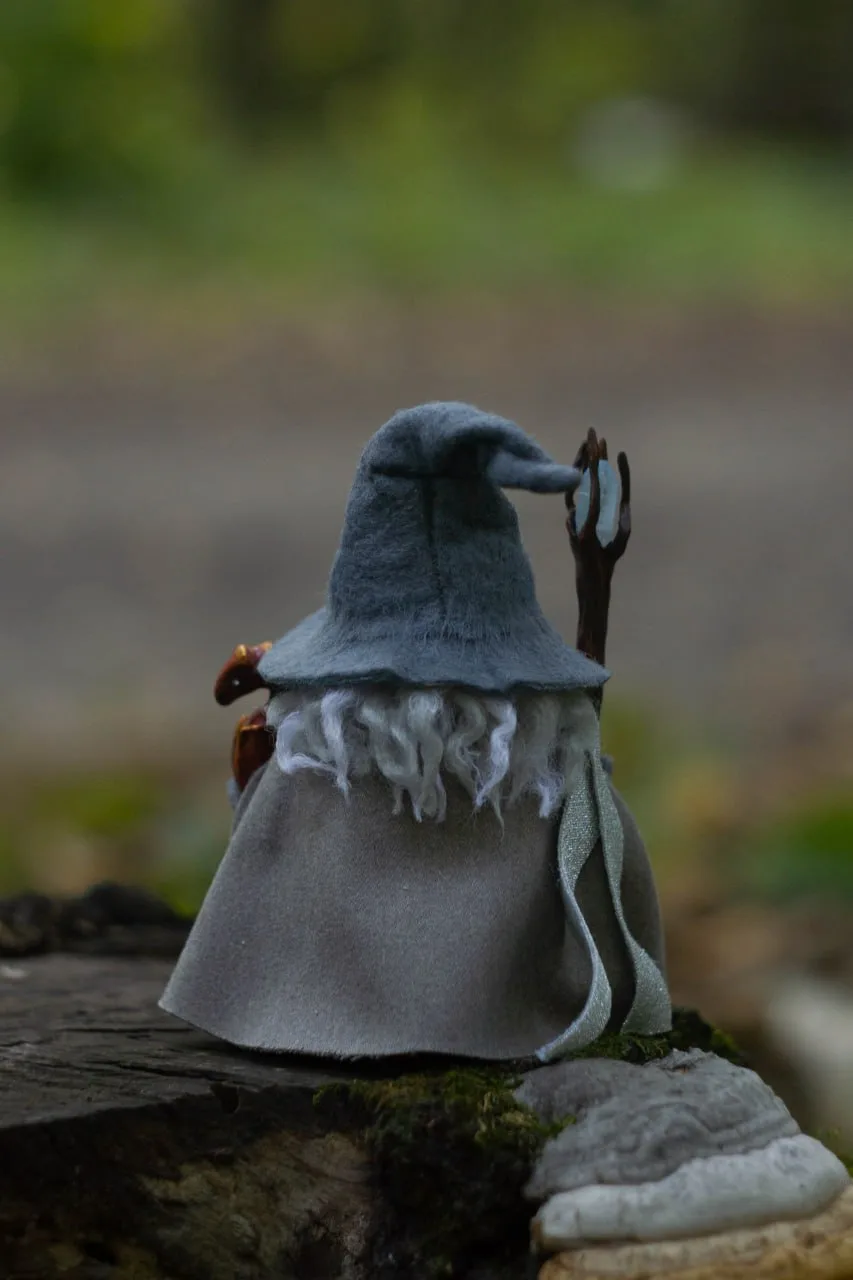 Tolkien-inspired collectible gnome — rear view, grey cloak and hat