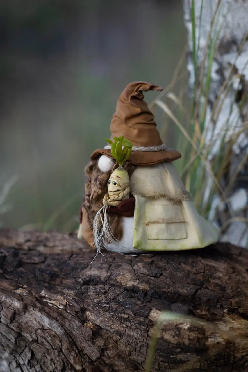 Magical handmade gnome with mandrake root