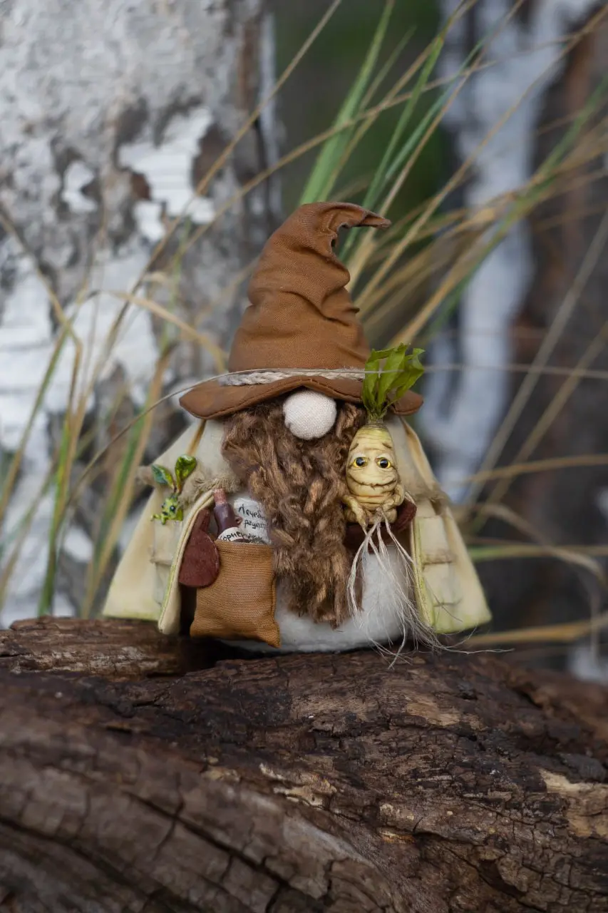 Handmade Gnome Herbalist with mandrake — collectible fantasy doll