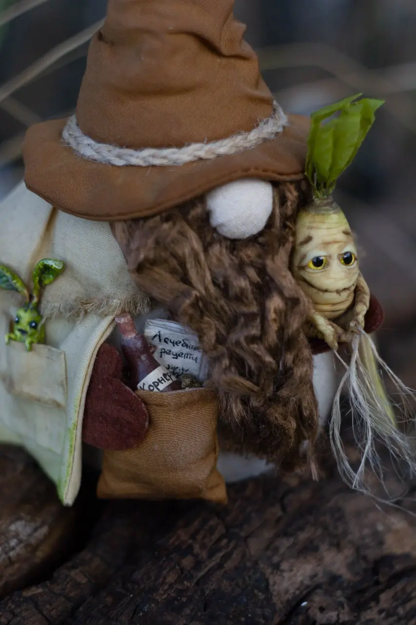 Botanist gnome with miniature potions and recipes in a brown pouch