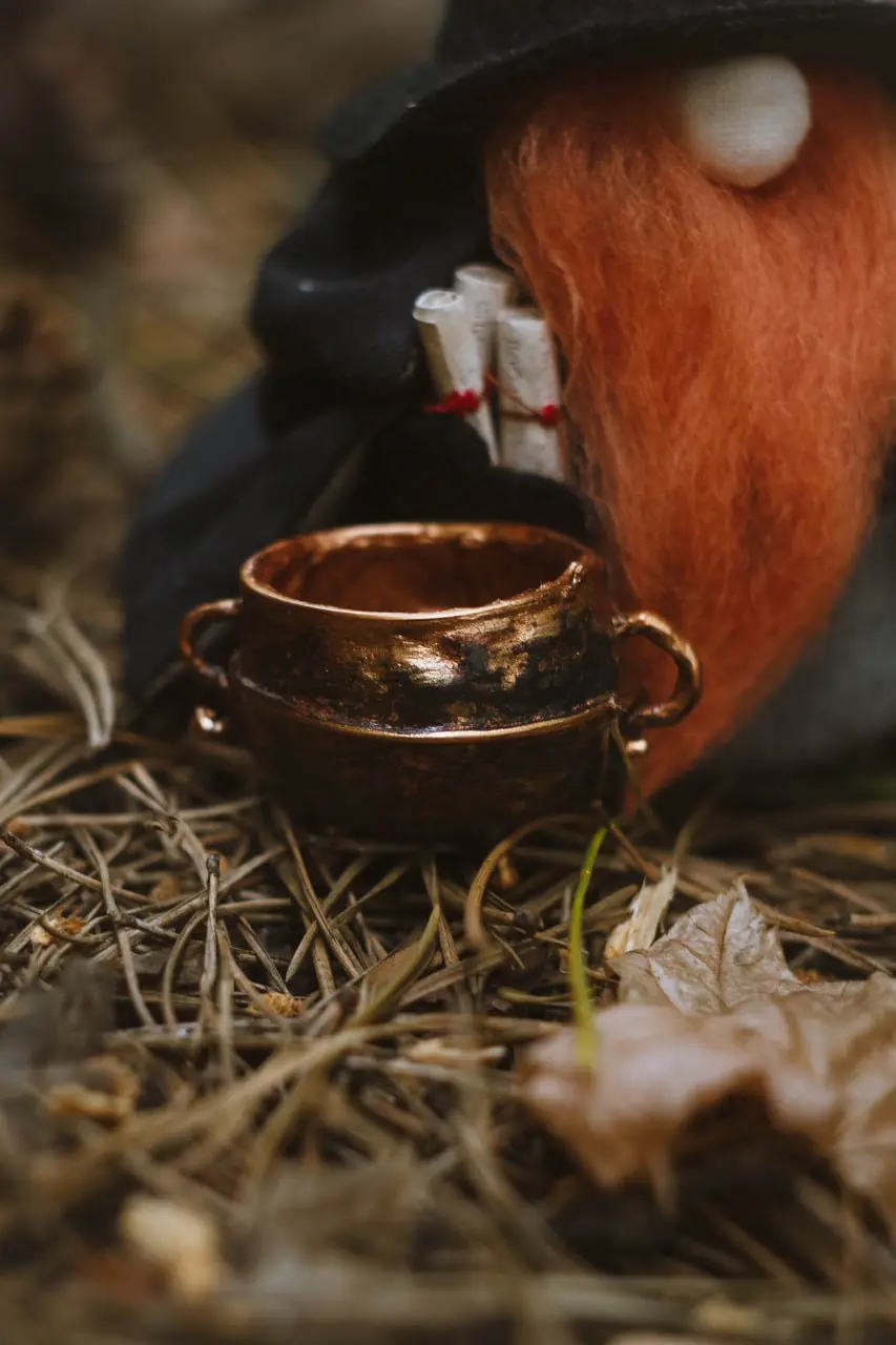Handmade Scandinavian gnome with magical cauldron