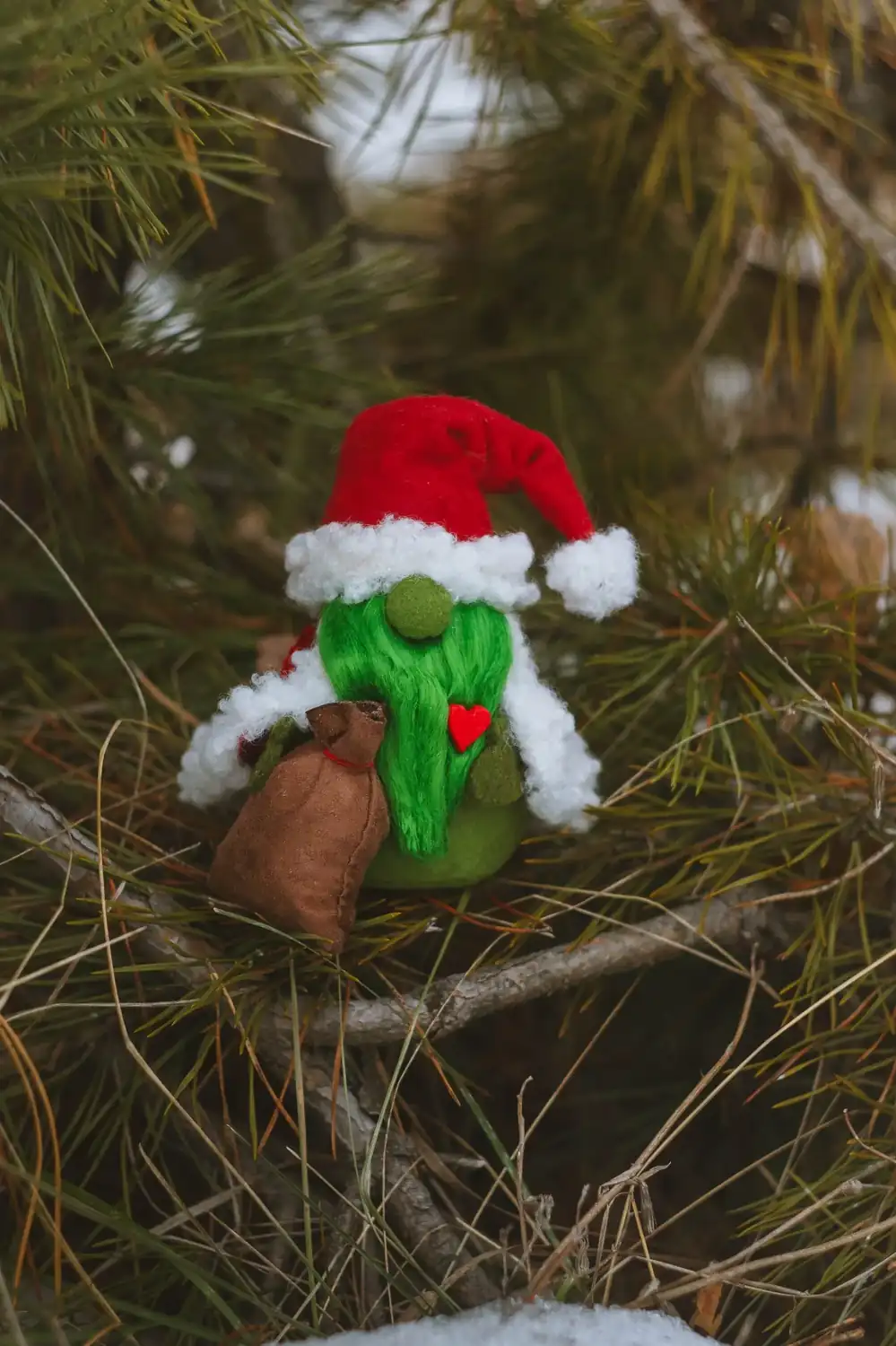 Handmade Gnome Grinch with green beard and red hat