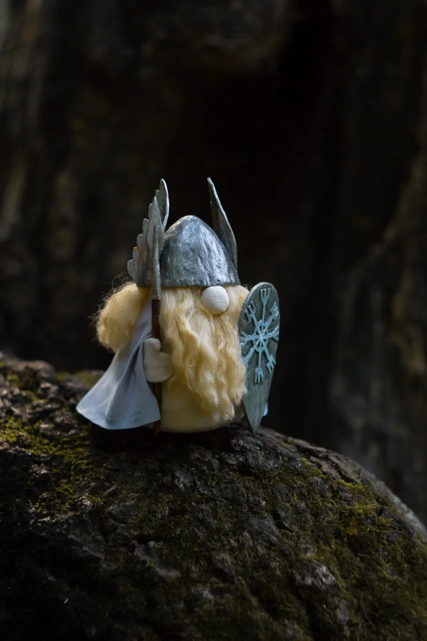 Viking warrior gnome in winged helmet with shield — front view