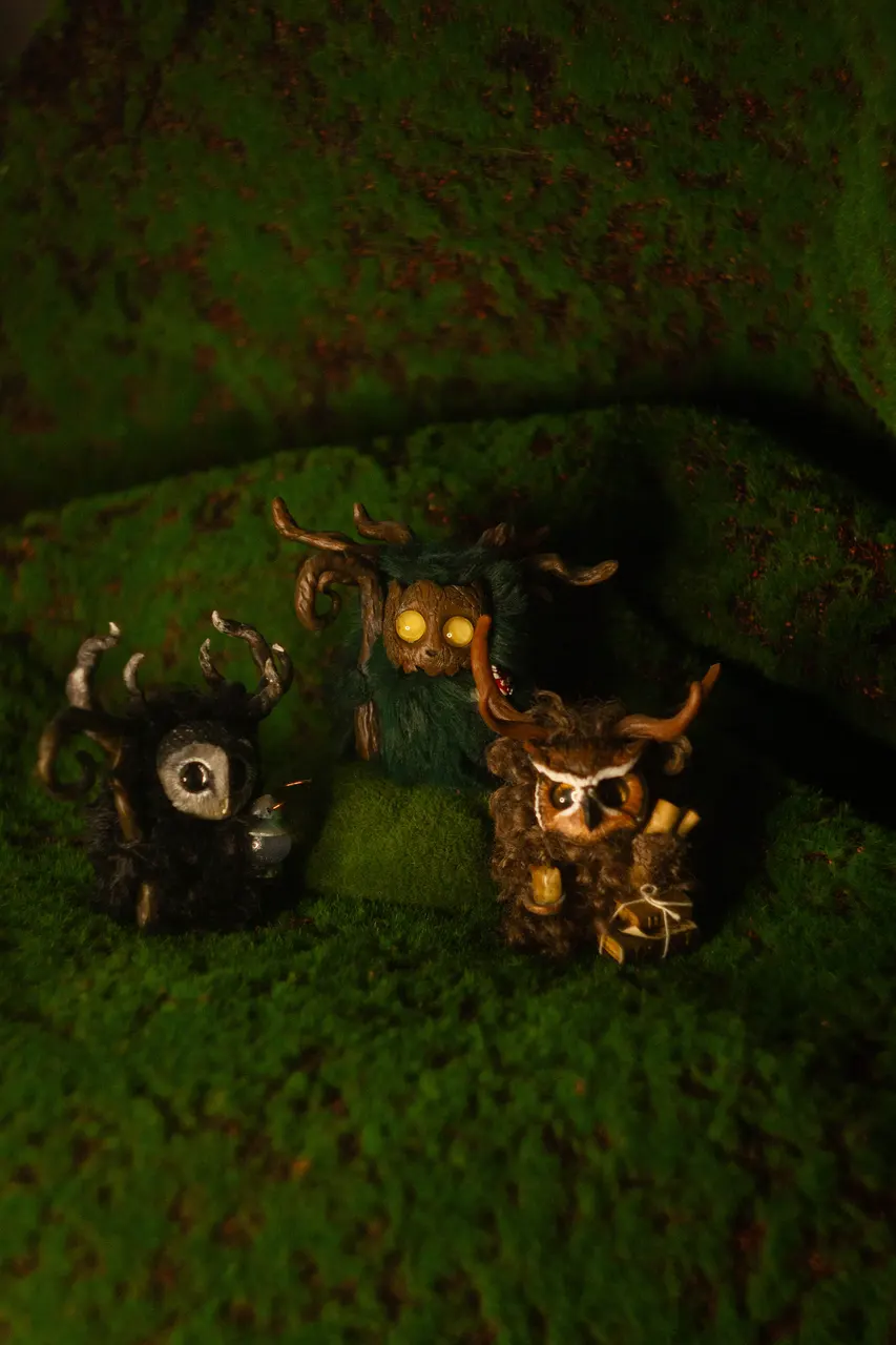 Three handmade wool Fluffy forest creatures — Gnomenlands collection August Twilight, August 2025