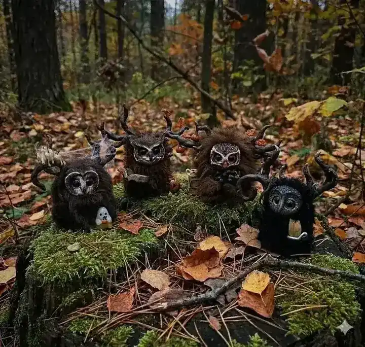 Four handmade Fluffy owl-creatures on a moss-covered stump in an autumn forest — Gnomenlands collection Samhain Fires, October 2025