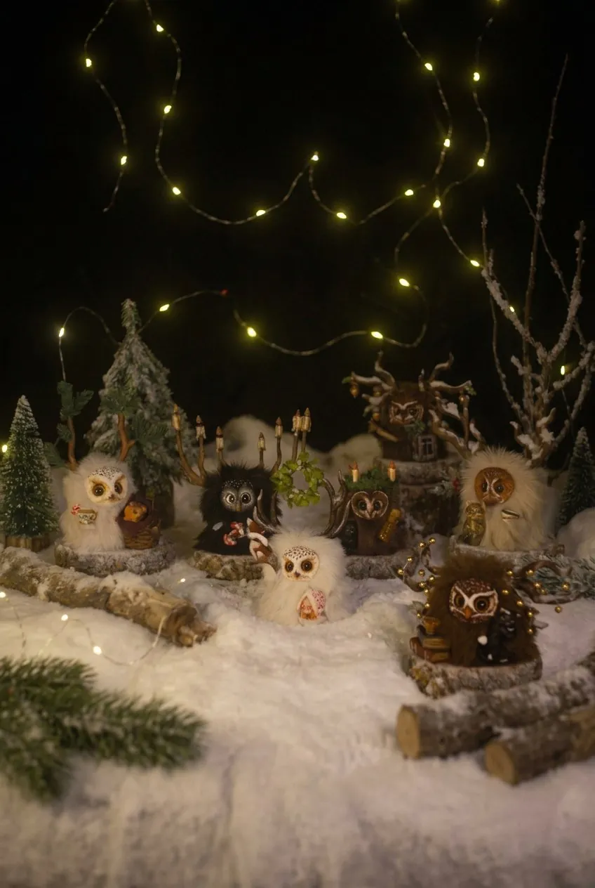 Seven handmade Fluffy forest creatures on a snowy scene with fairy lights — Gnomenlands collection Winter Glow, December 2025