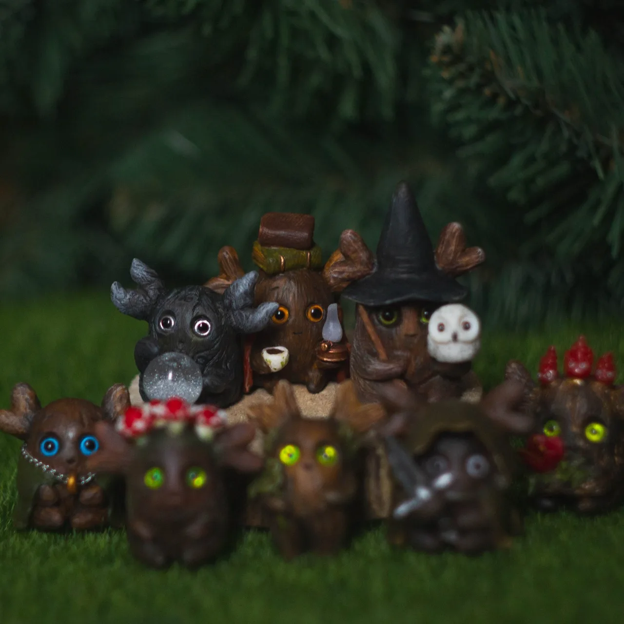 Handmade Forest Sprites — polymer clay collectible figurines with antlers, books and lanterns by Gnomenlands workshop