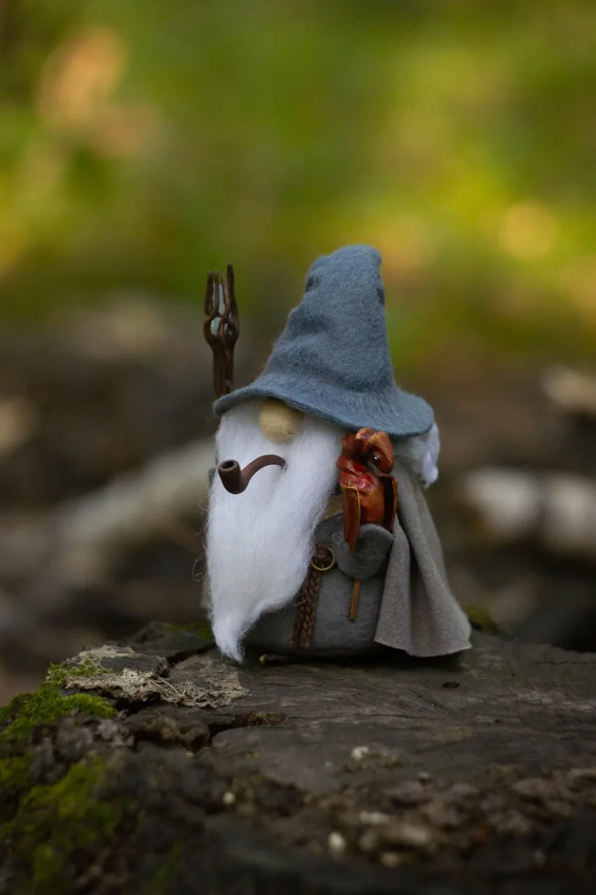 Original handmade wizard gnome figure with wooden staff