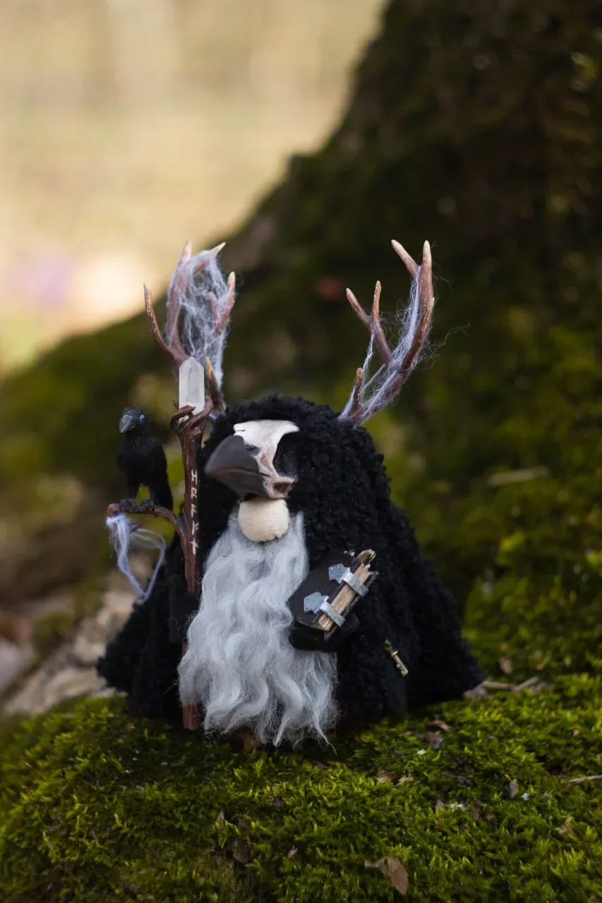 Handmade Gnome Kark — Dark Forest Guardian with raven